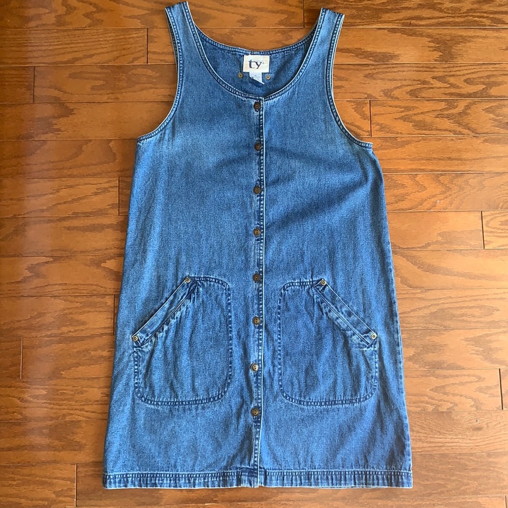 Vintage 100% Cotton Denim Jumper Dress w/ Pockets Button Down Size 10